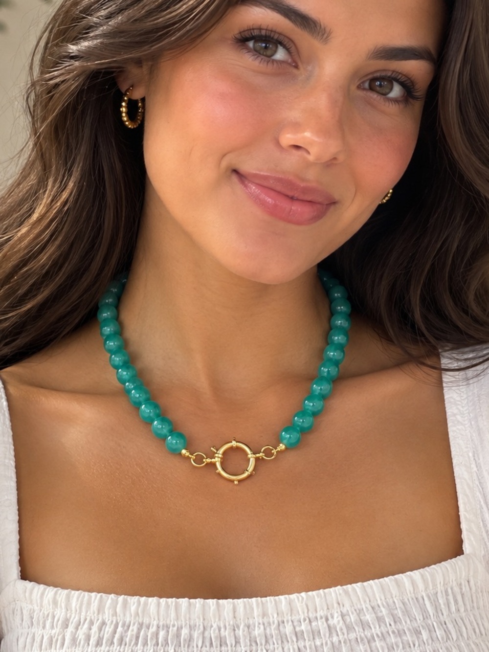Green Beaded Necklace with Gold Clasp - Women's Fashion Jewelry